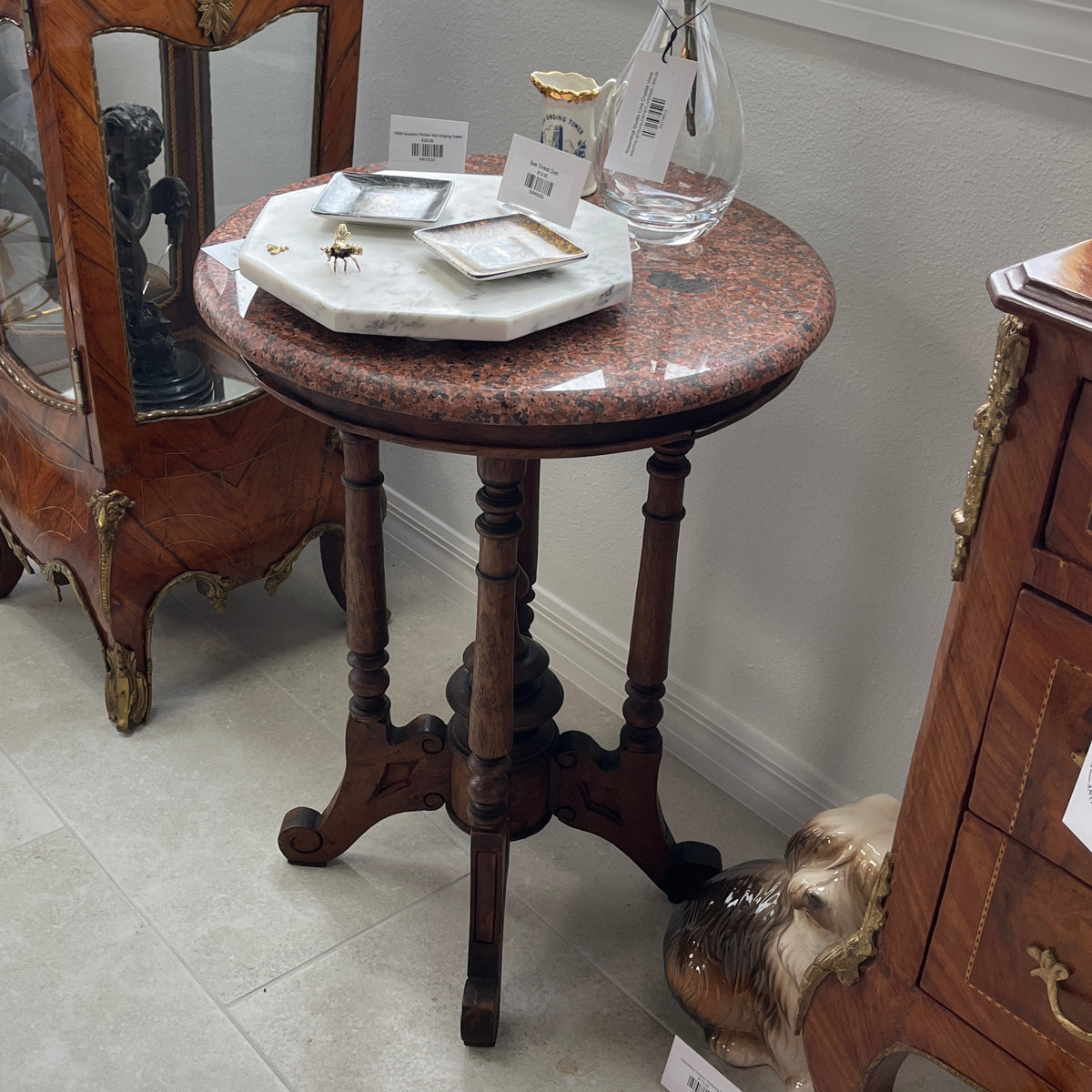 Victorian Carved Wood & Marble-Top Parlor Table