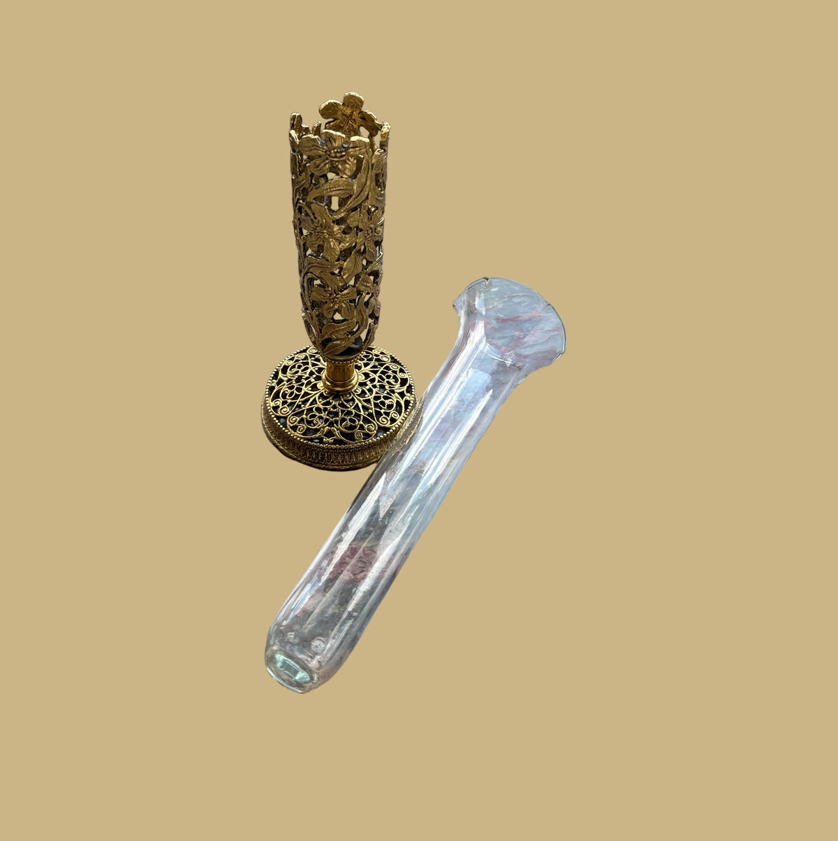 Vintage Gilt Filigree & Glass Bud Vase