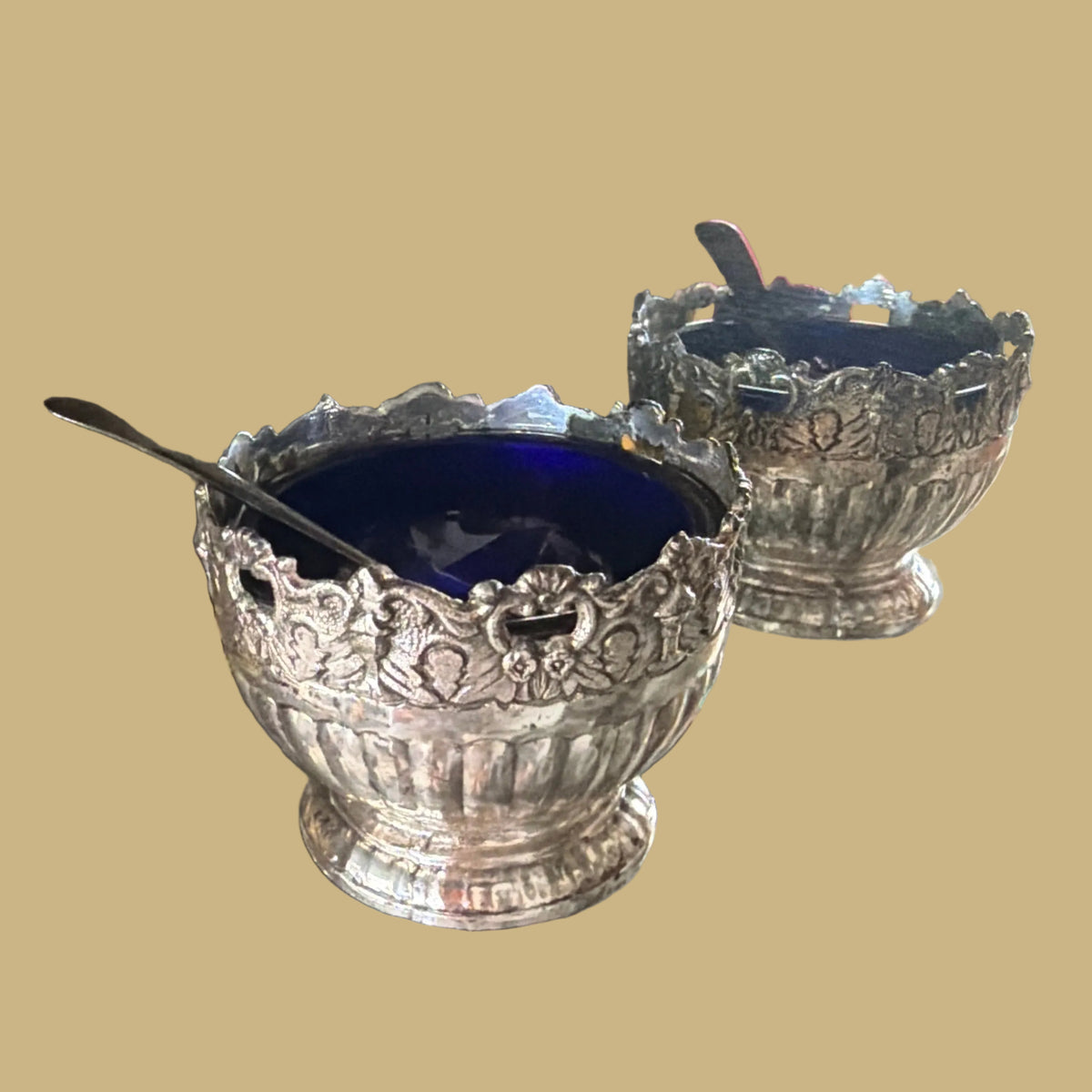 Silver Plate Salt Cellar Cobalt Blue Glass Inserts & Spoons, Set of 4