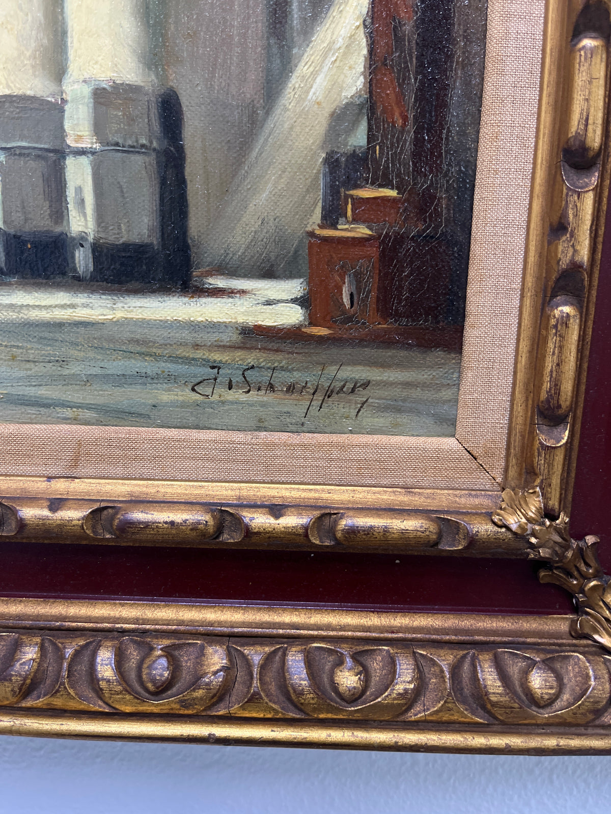 Oil painting of a Church Interior Signed by J.S. Schaffer.
