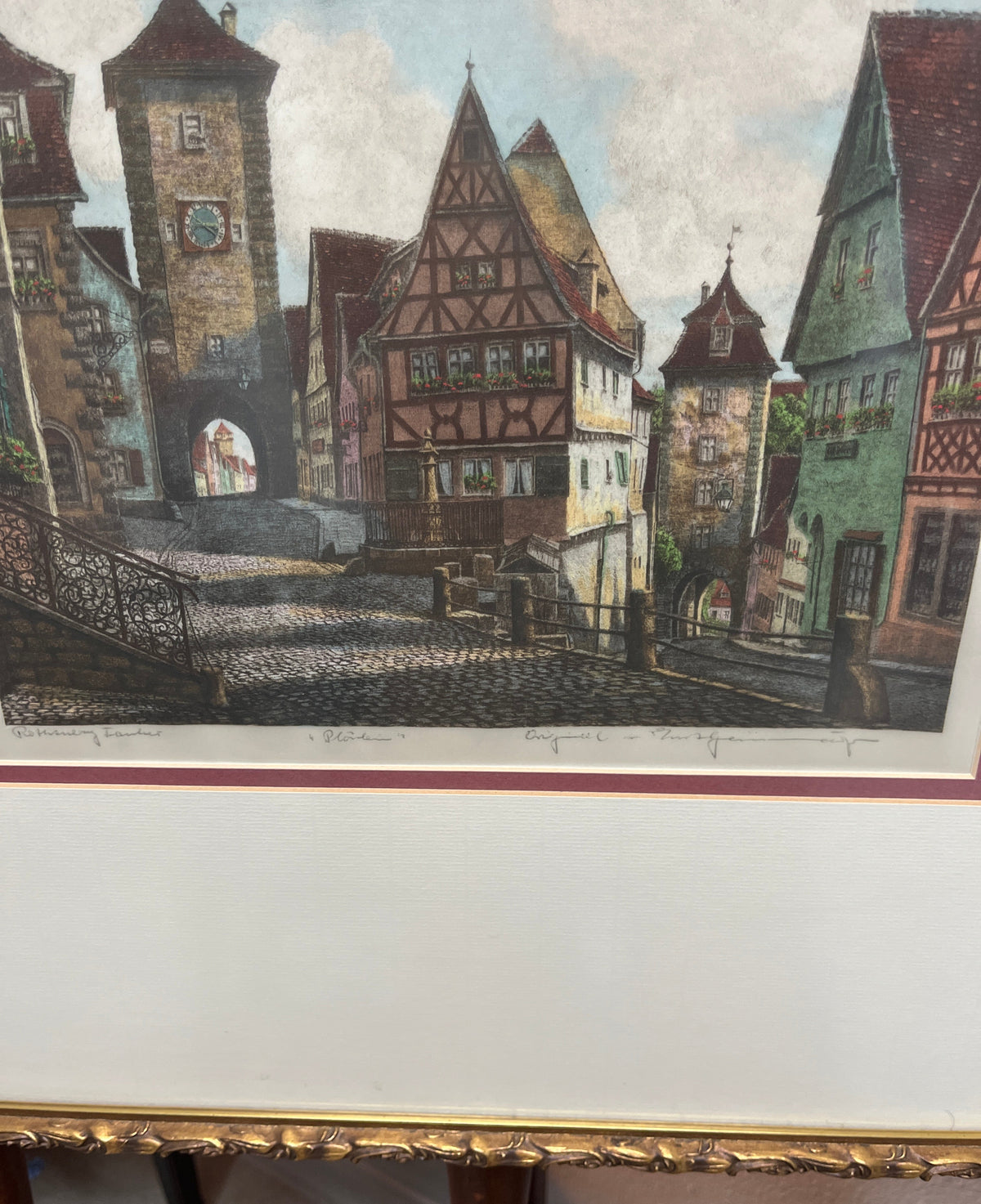 Vintage Hand-Colored Etching of Rothenburg by Ernst Geissendorfer