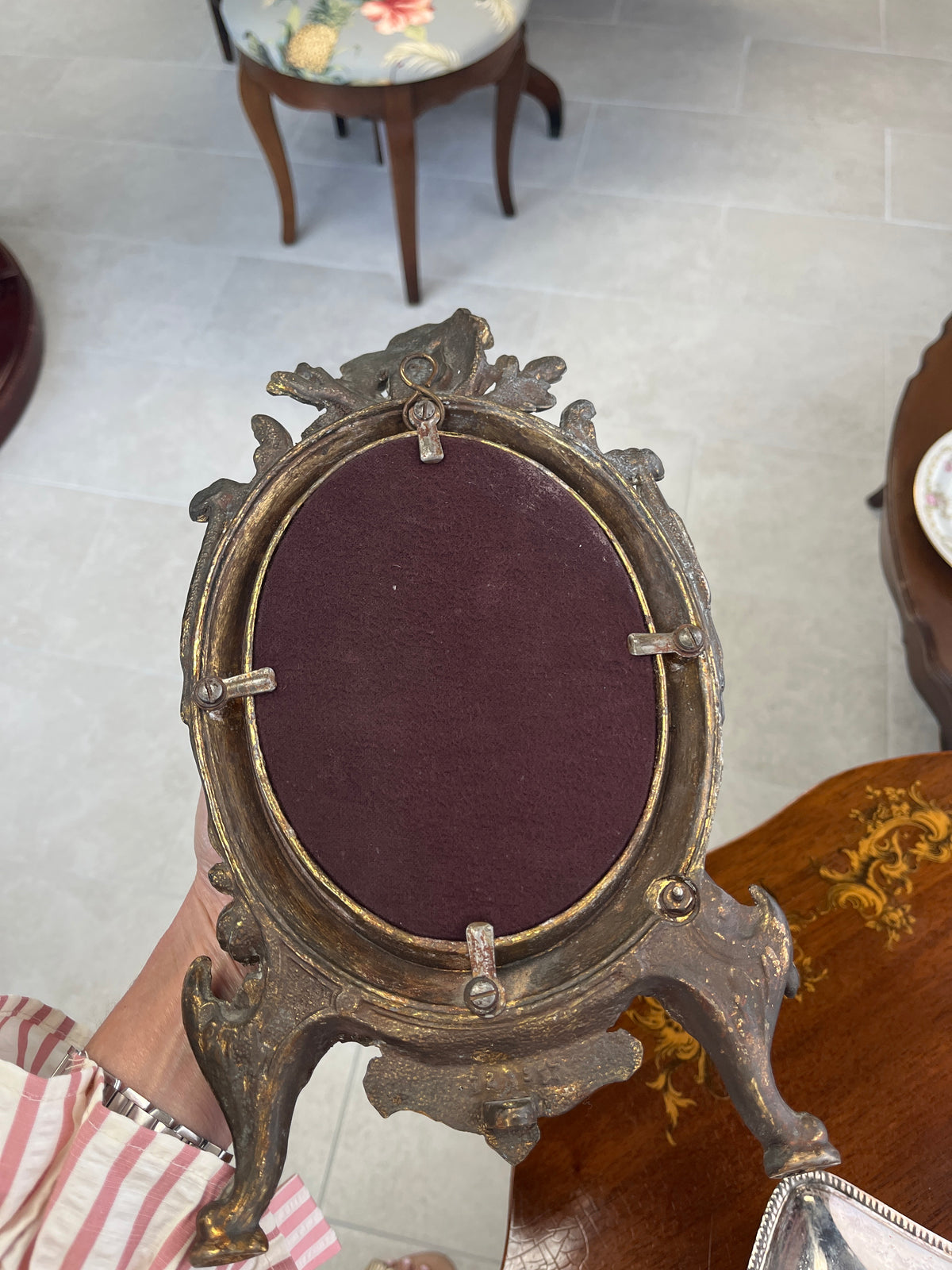 Antique Cast Iron Oval Mirror w/Cherub & Ribbon Motifs