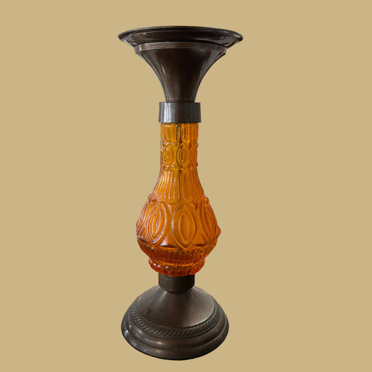 Amber Glass & Bronze Candlestick Holder