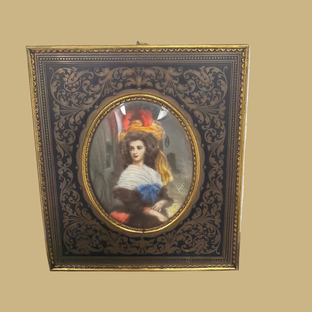 Hand-painted Portrait in Brass Frame, Feathered Hat & Signed