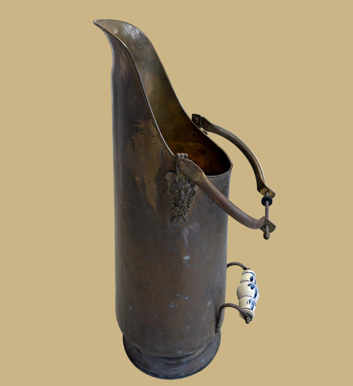 Tall Brass Coal Scuttle with One Delft Handle