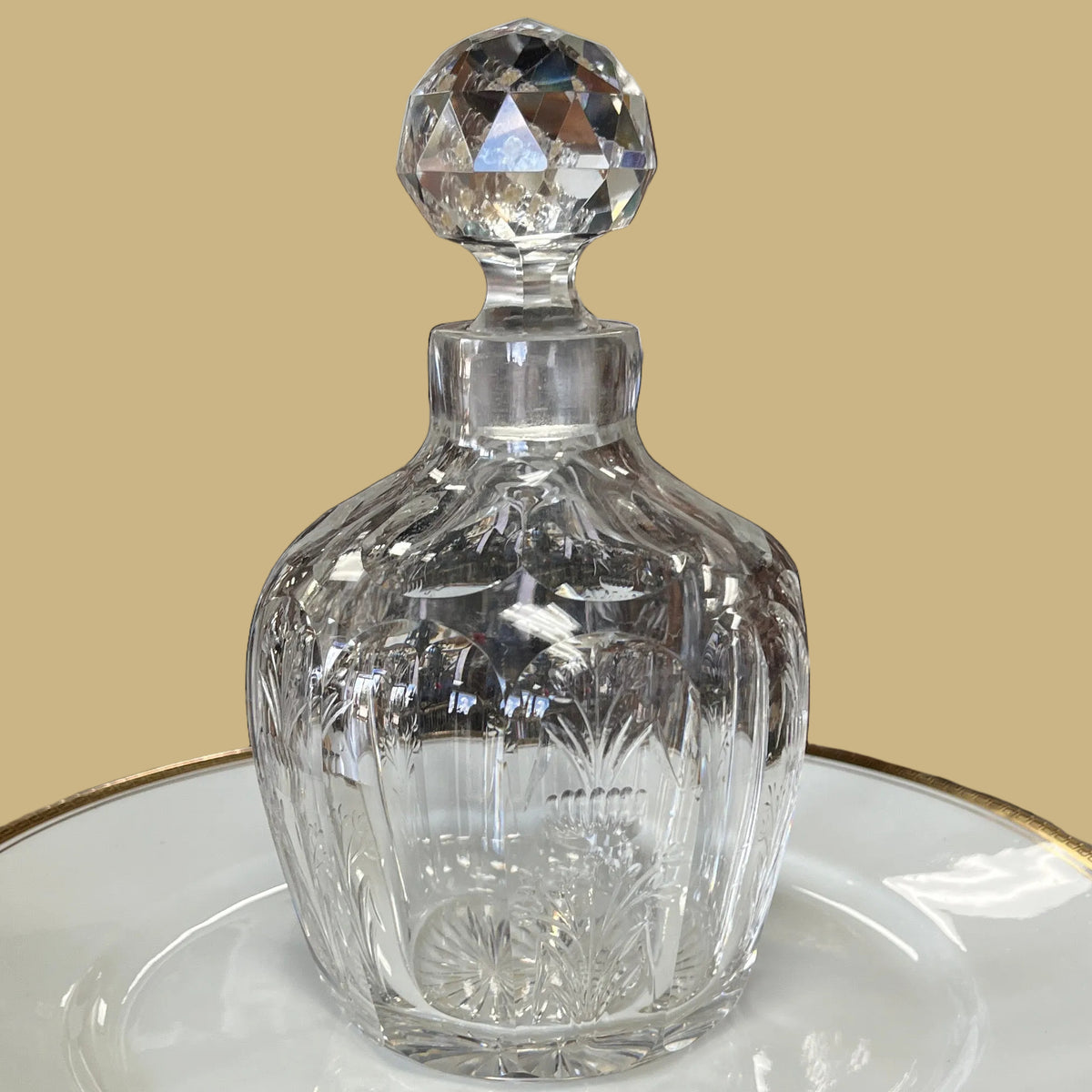 Vintage Cut Crystal Cruet w/Floral Motifs & Ball Stopper
