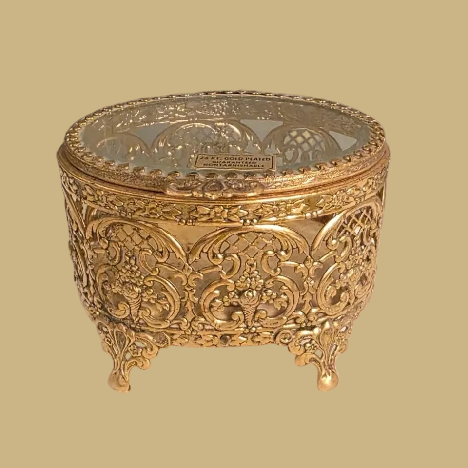 24k Gold Plate Ormolu Regency Filigree Jewelry Casket