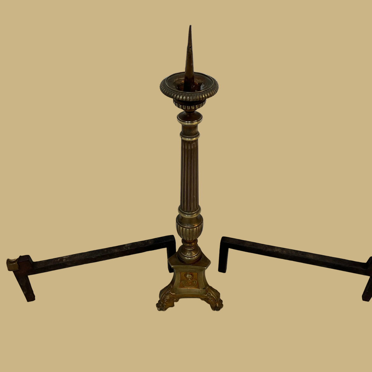 19th-Century Bronze Church Altar Candlestick w/Pricket & Portrait Base