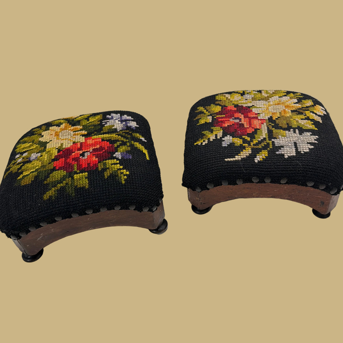 Antique Wooden Needlepoint Footstools, Pair