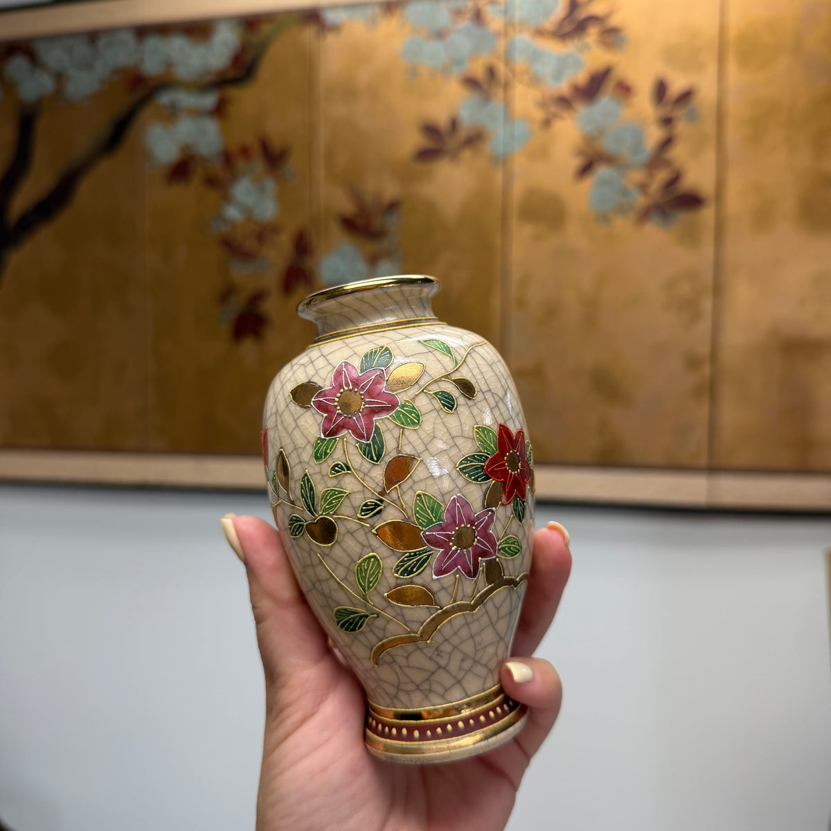 Satsuma Ware Floral Vase with Gold Trim