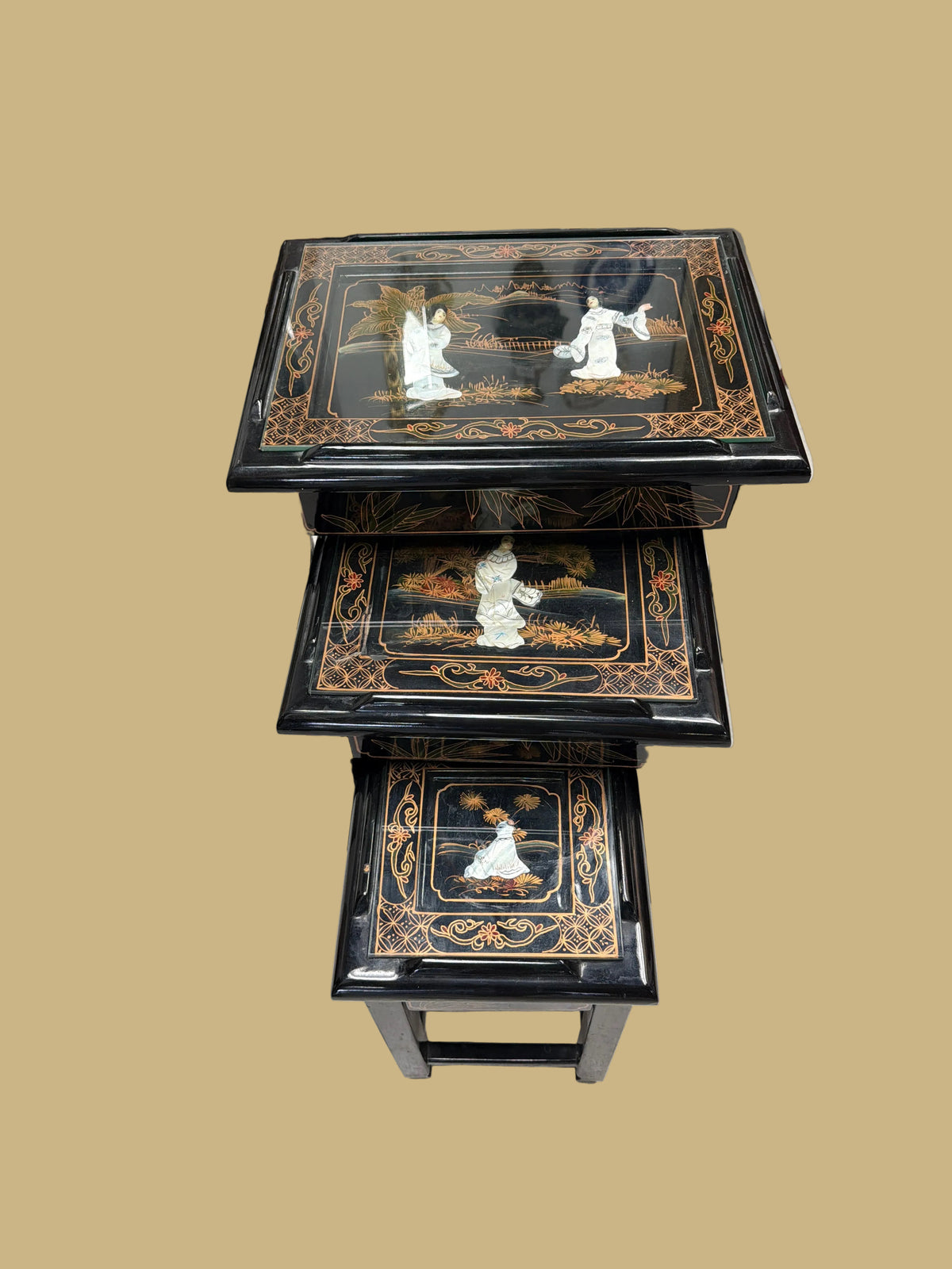 Black Lacquer Oriental Nesting Tables featuring a Mother-of-Pearl Inlay Design, Set