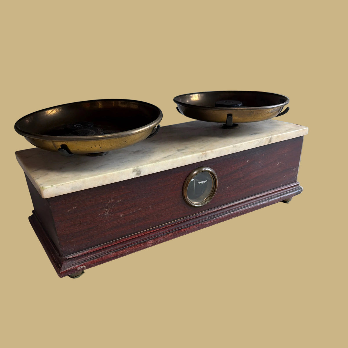 Antique Scale with a Marble Top and Brass Pans