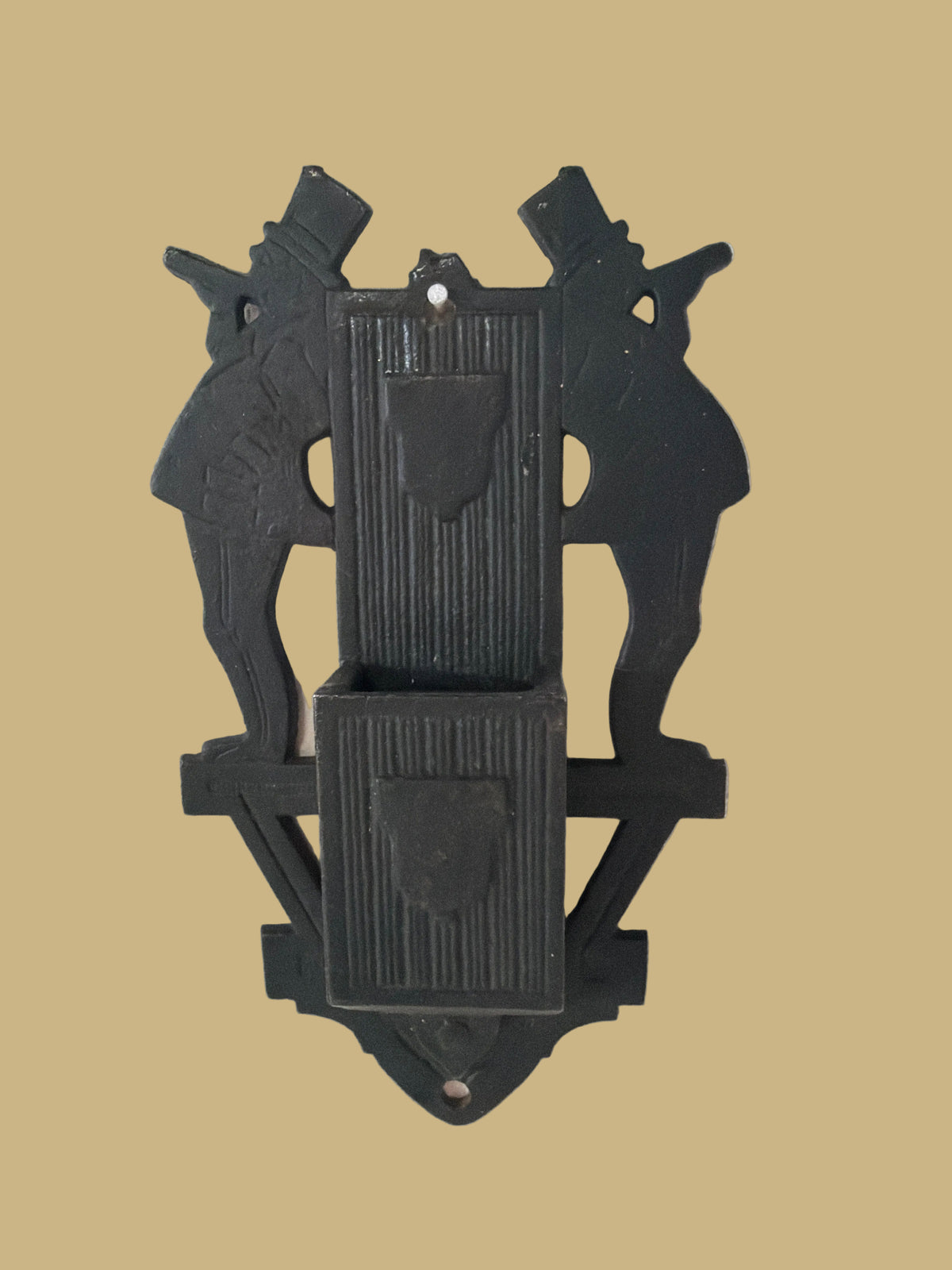 Vintage Cast Iron Matchbox Holder featuring Two Men