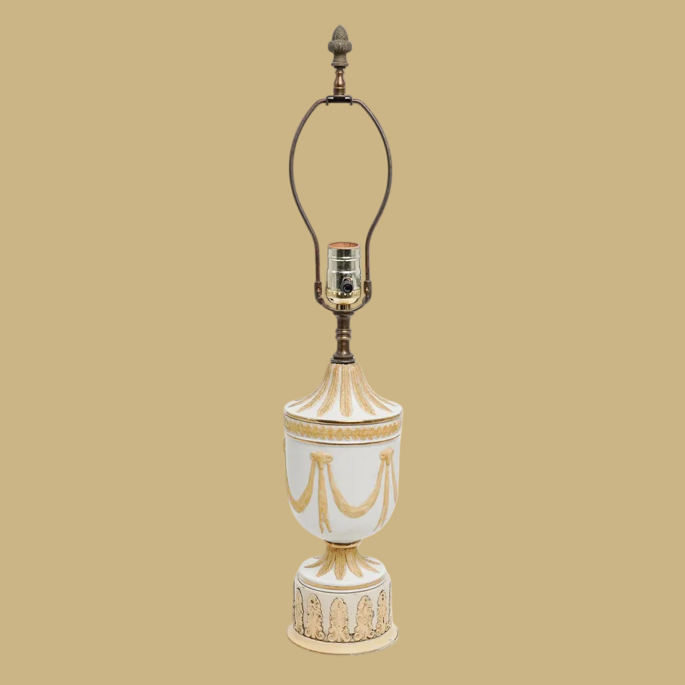 Vintage Italian Regency Style Cream & Gold Tole Metal Urn Table Lamp