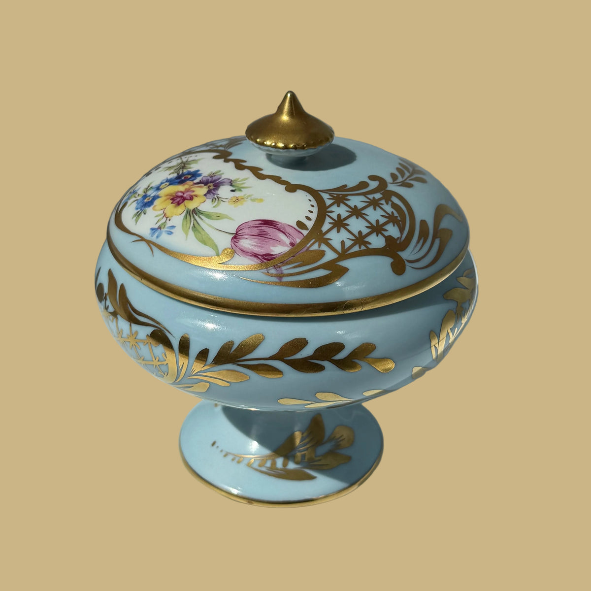 French Limoges Lidded Porcelain Pedestal Bowl, Blue