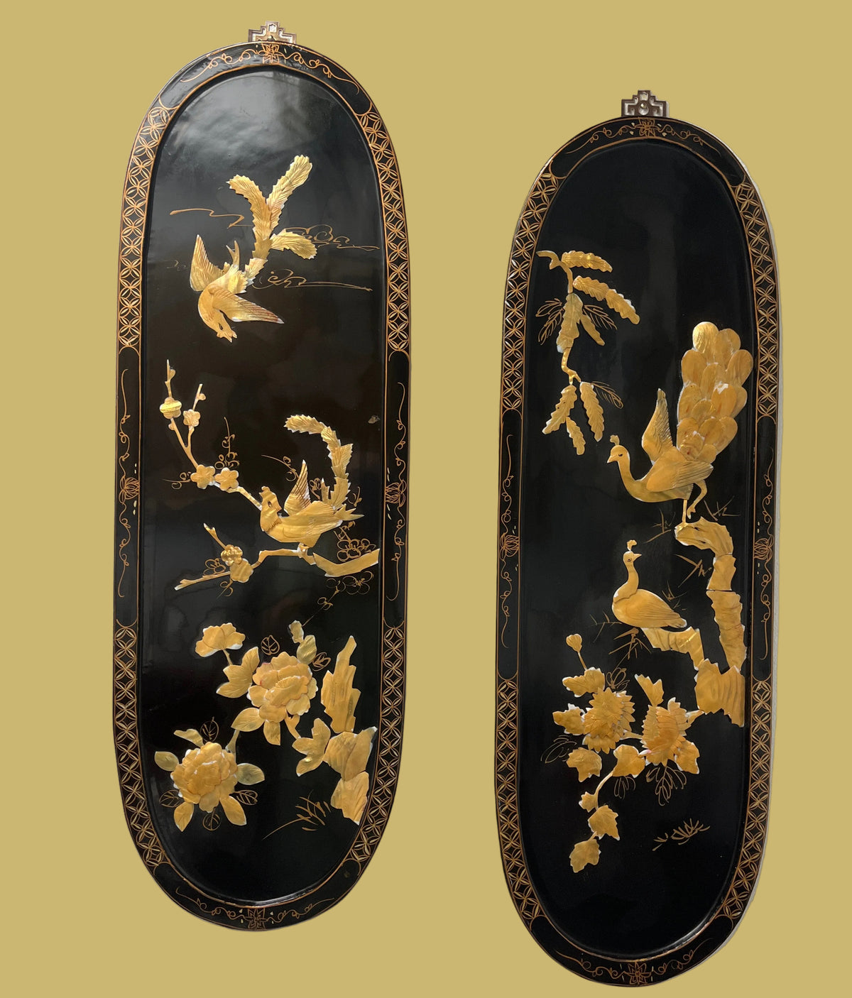 Vintage Wall Panels w/Bird & Floral Inlay, Pair