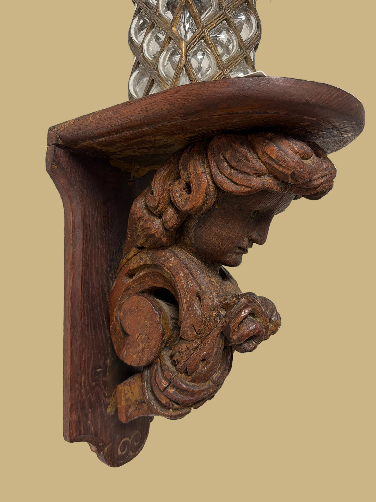 Antique Hand-carved Wooden Wall Shelf Featuring an Angel