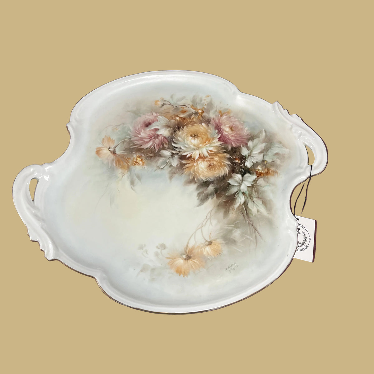 Limoges Hand Painted Double Handle Tray, Signed & Dated