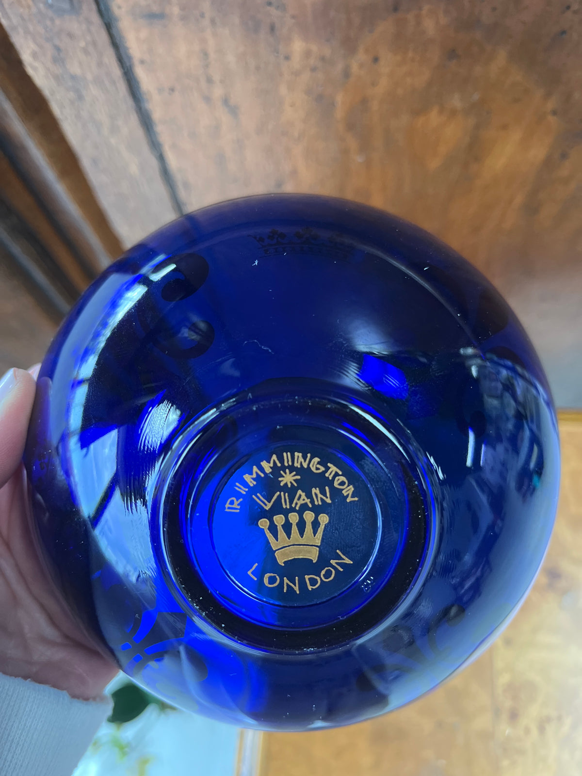 Cobalt blue bowl with gold fleur-de-lis & crown by Rimmington Vian