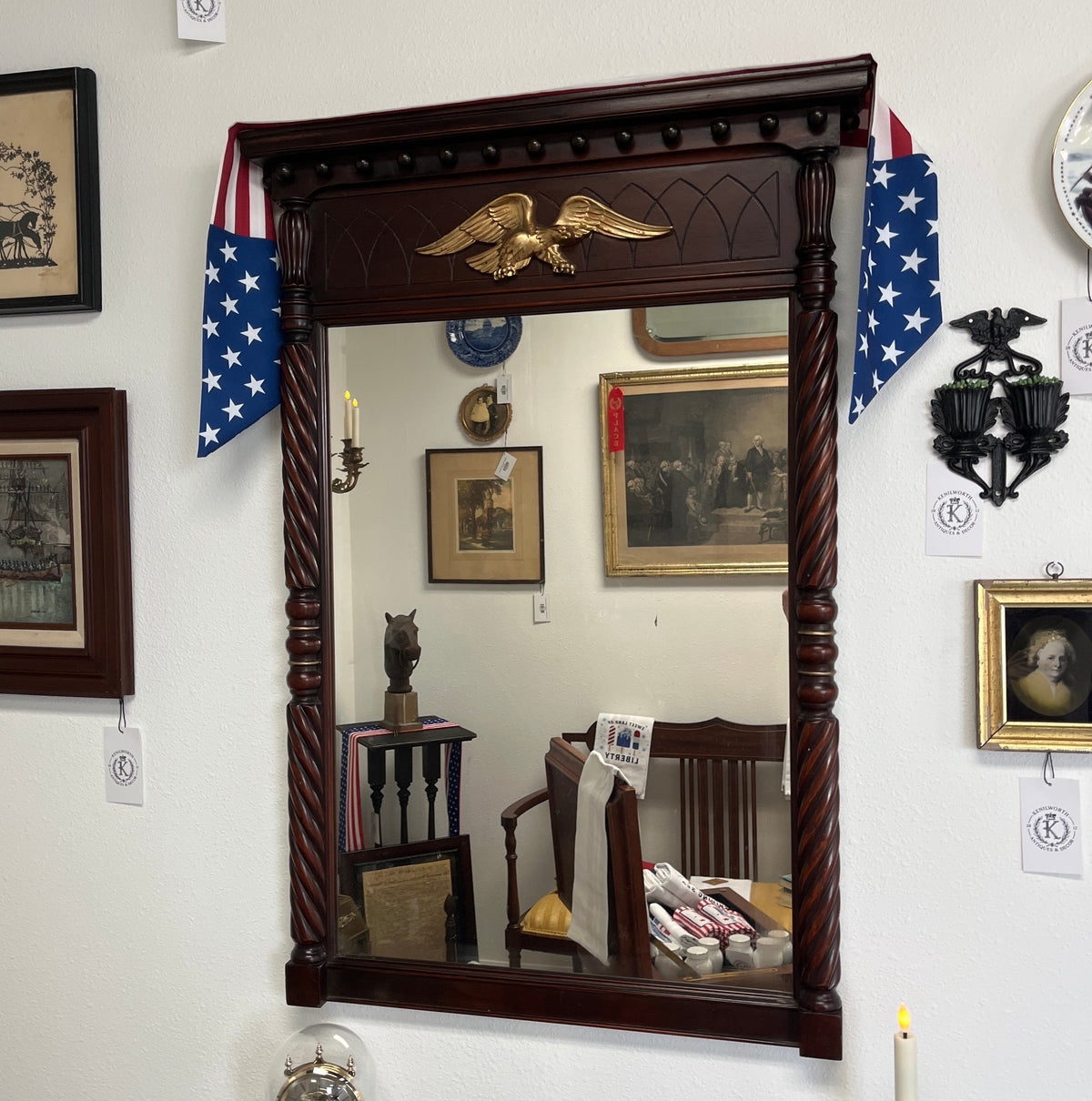 Federal-Style Wood Mirror w/Eagle Crest & Barley Twist Columns