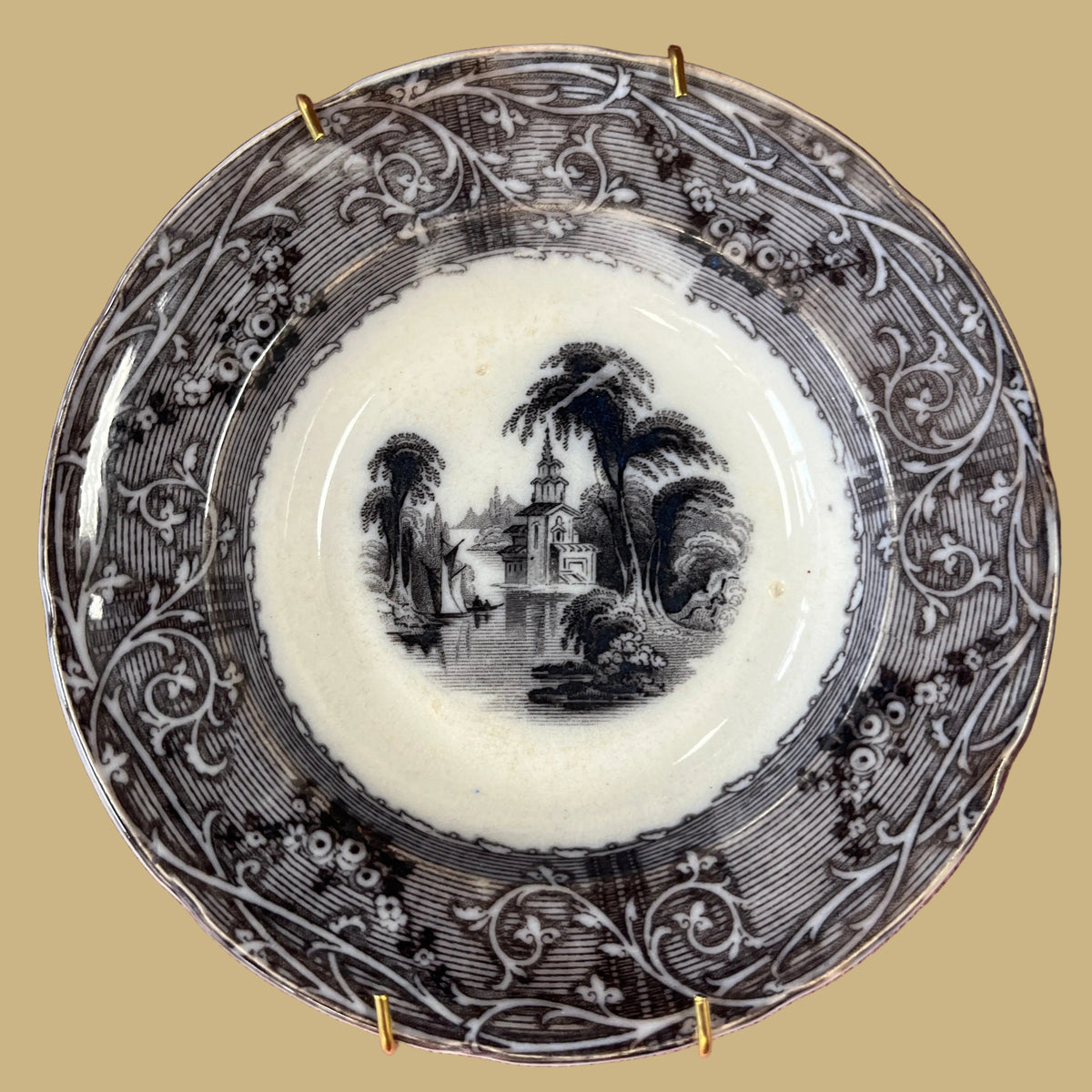 19th-Century Staffordshire Mulberry Transferware Bowl, Stamped