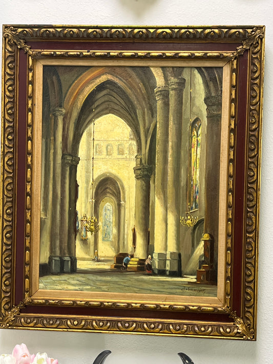 Oil painting of a Church Interior Signed by J.S. Schaffer.