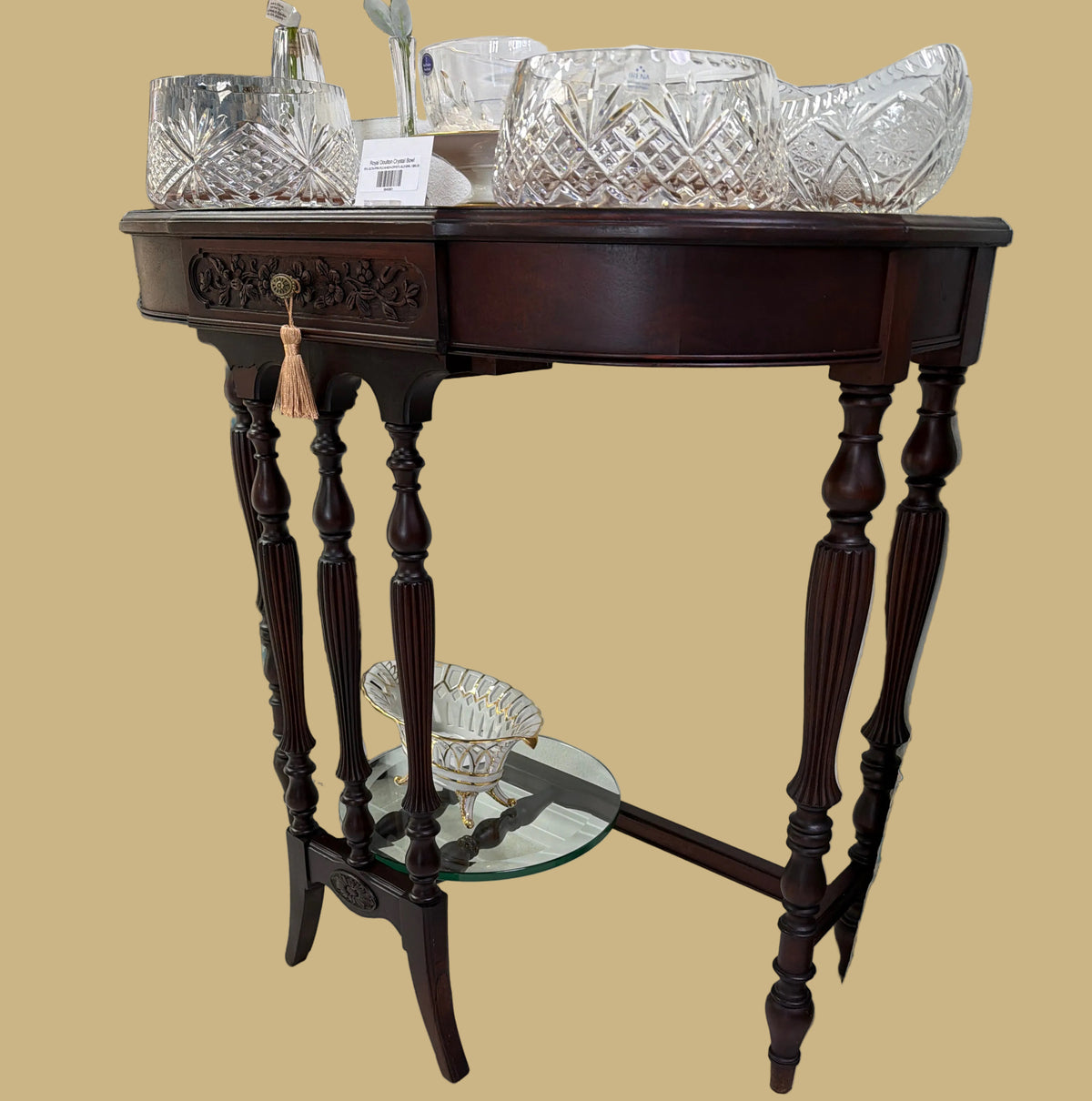 Crescent Moon Shape Engraved Wooden Console Table