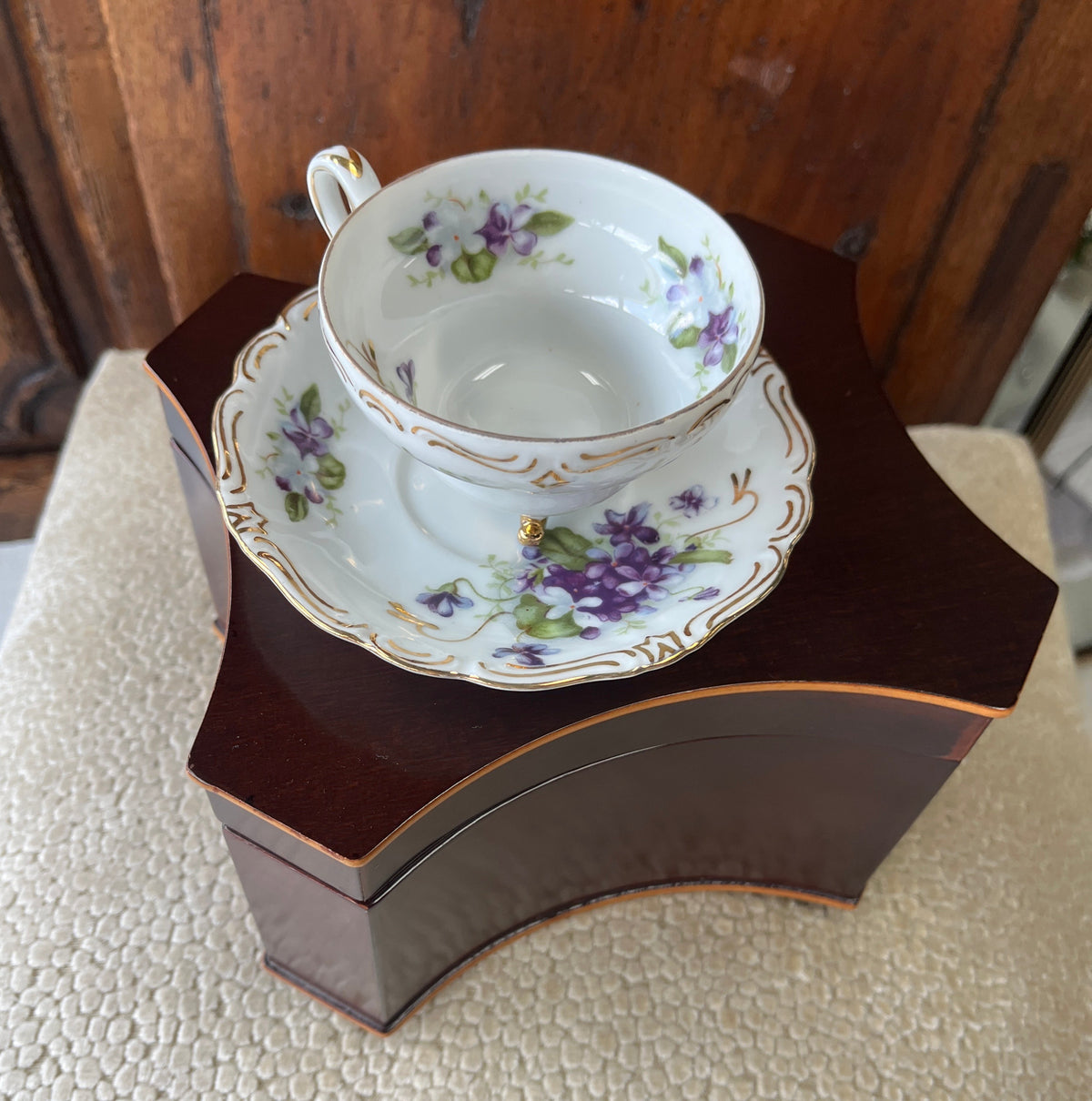 Vintage Yada Japanese Footed Teacup Saucer w/Violet Pattern