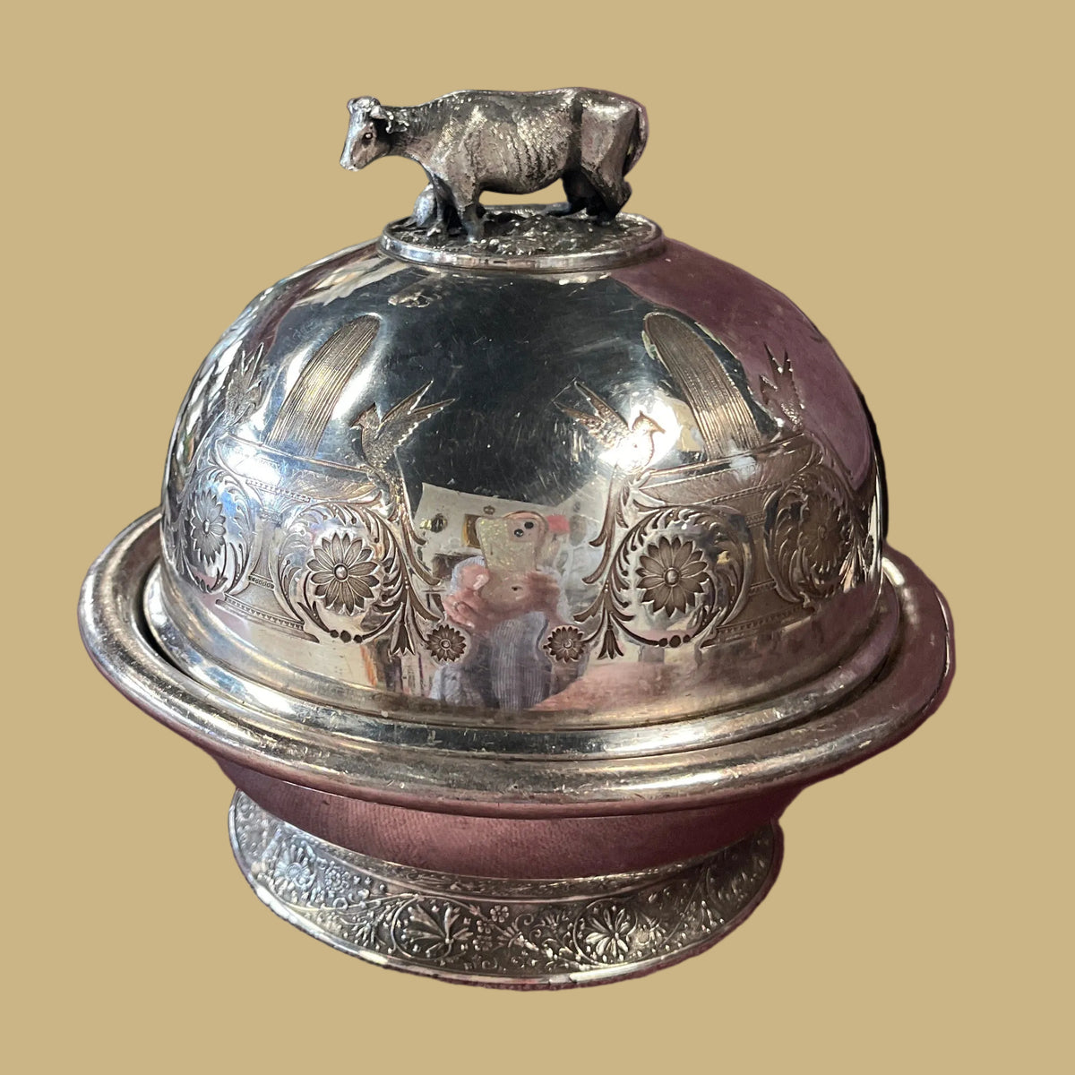 19th Century Silver Plated Butter Dish w/Cow Finial