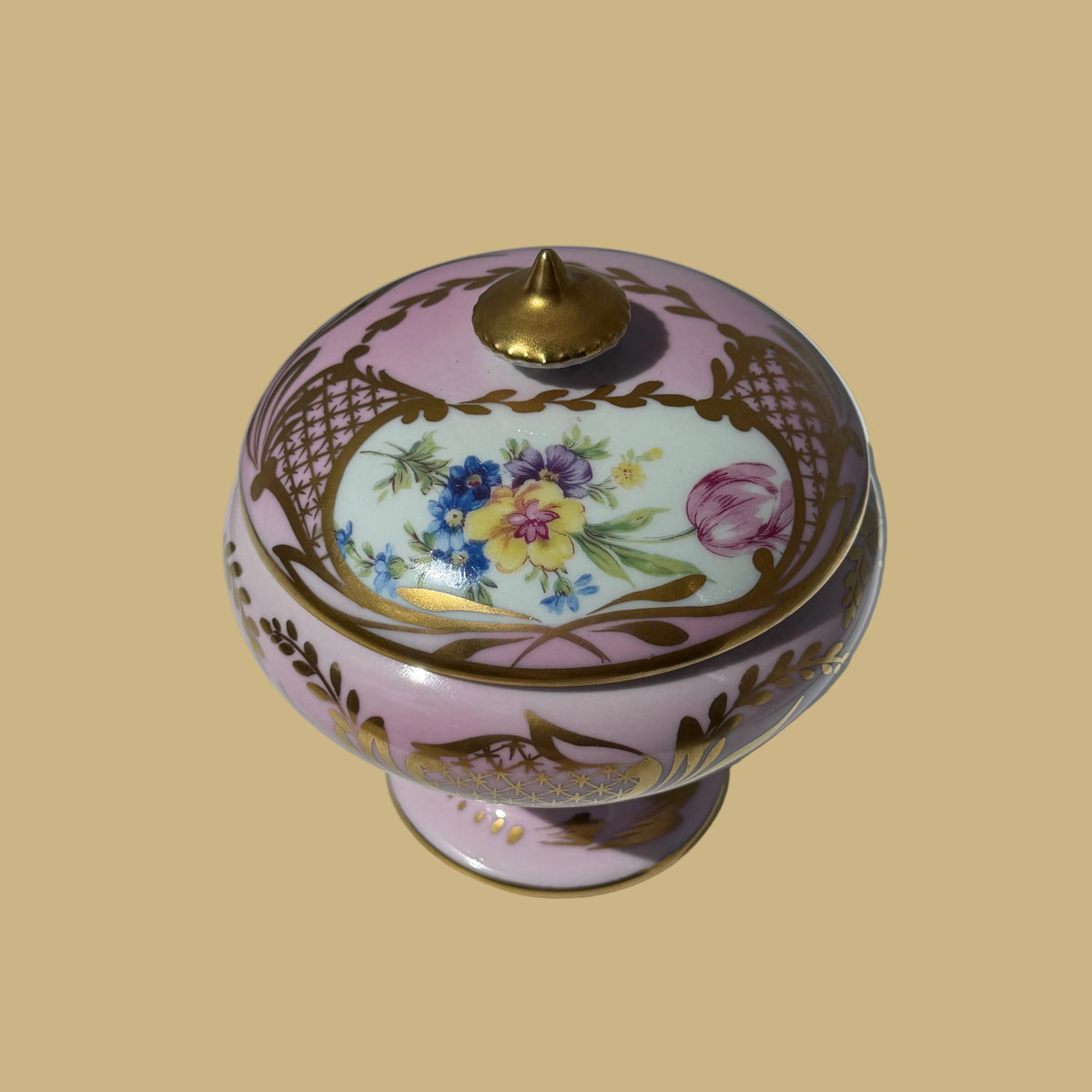 French Limoges Porcelain Lidded Pedestal Bowl, Blush