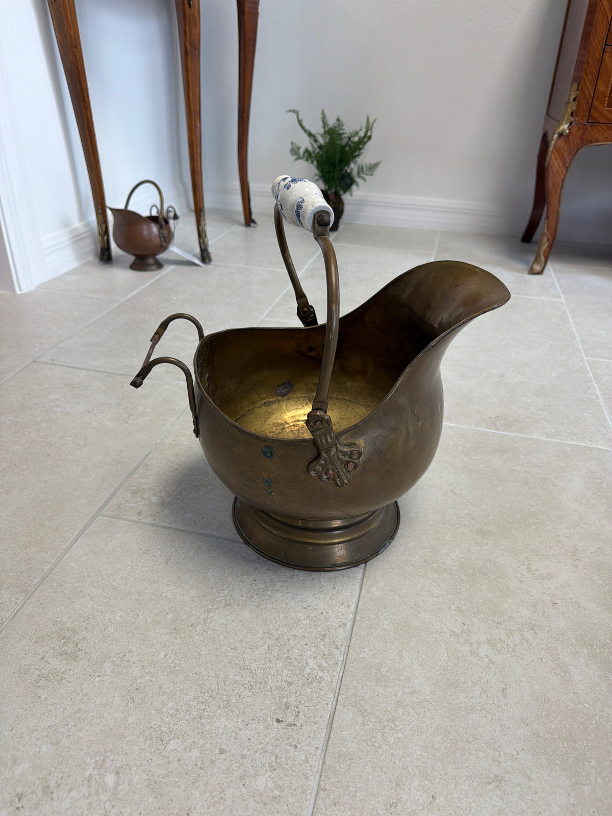 Large Brass Scuttle with One Delft Hande