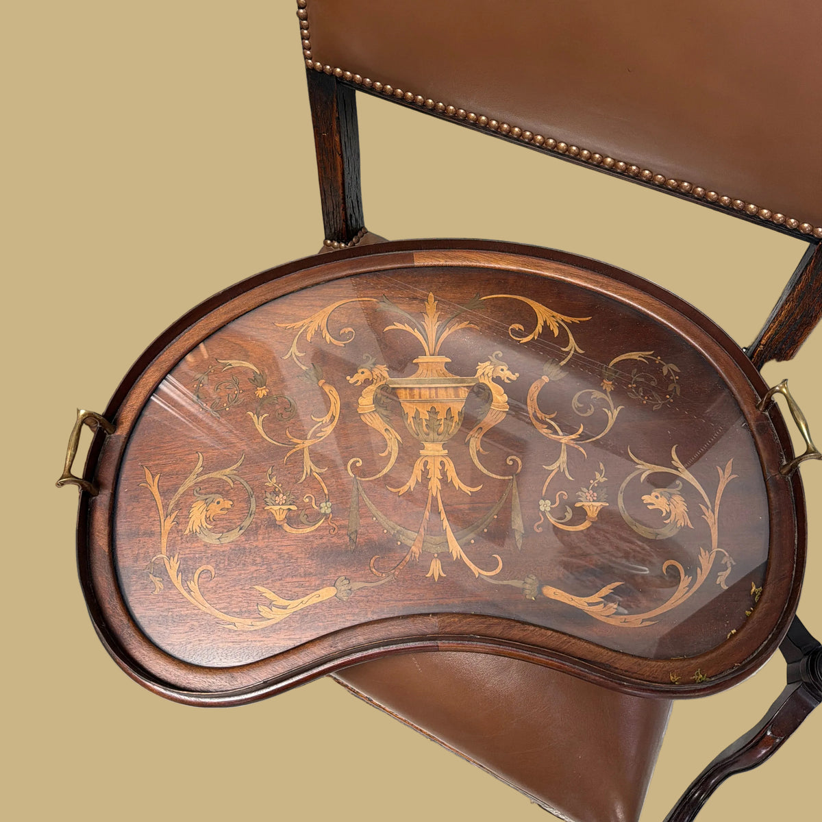 Kidney Shaped Mahogany Inlaid Tray with Brass Handles