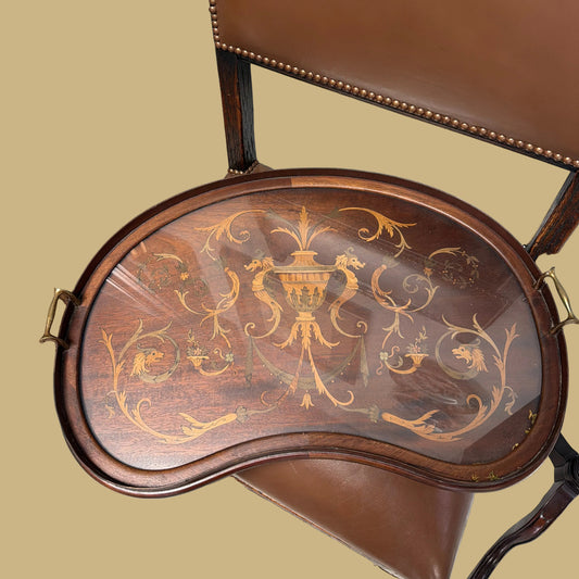 Kidney Shaped Mahogany Inlaid Tray with Brass Handles