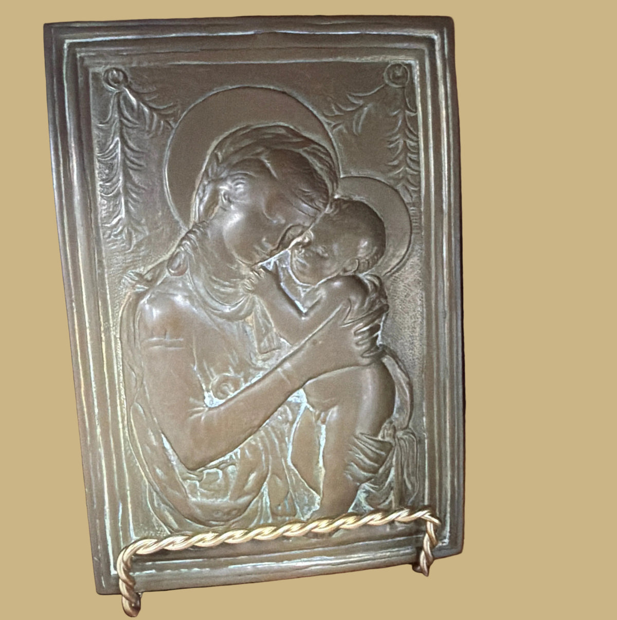 Metal Embossed Madonna & Child Bas-relief Plaque