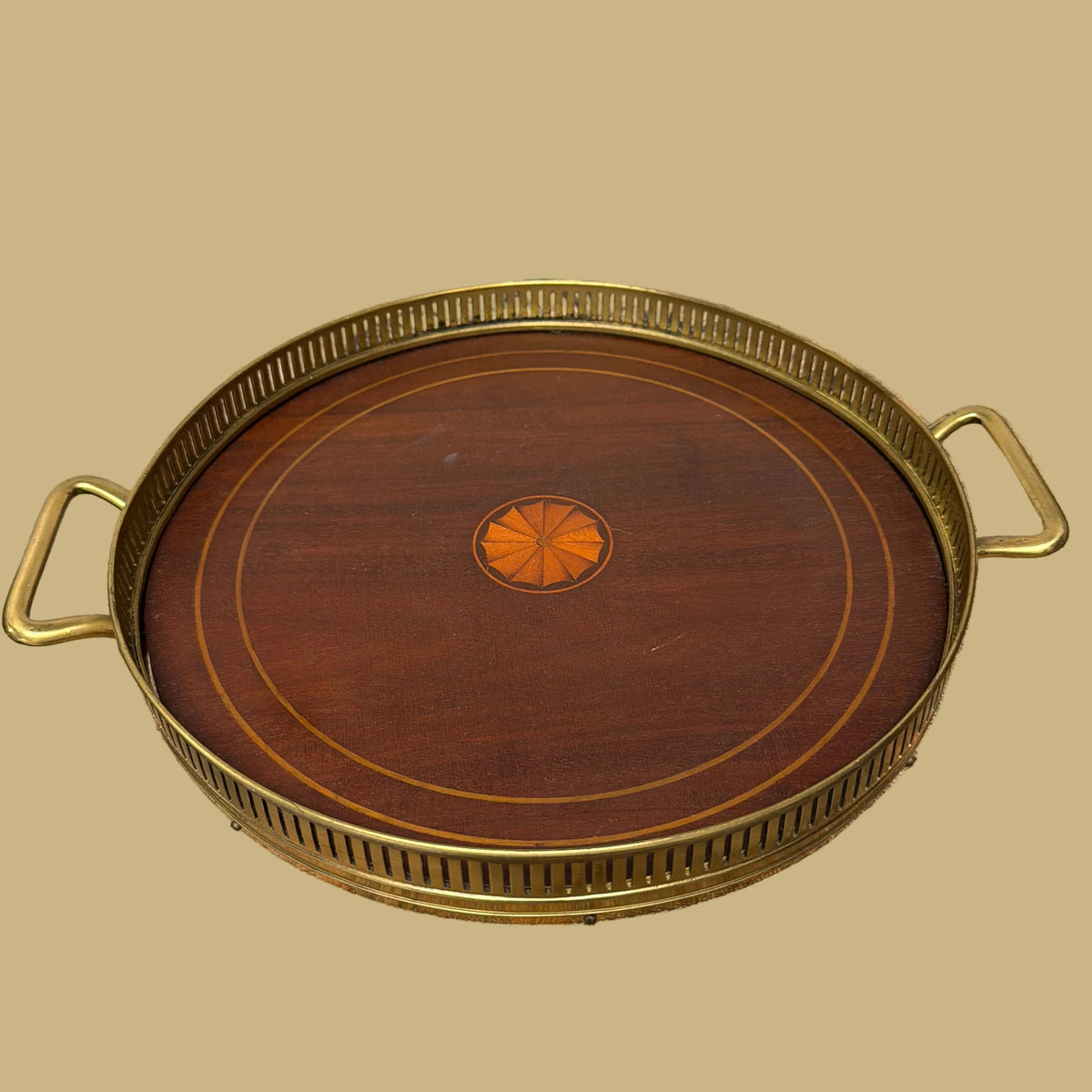 Vintage Brass & Mahogany Marquetry Wood Serving Tray