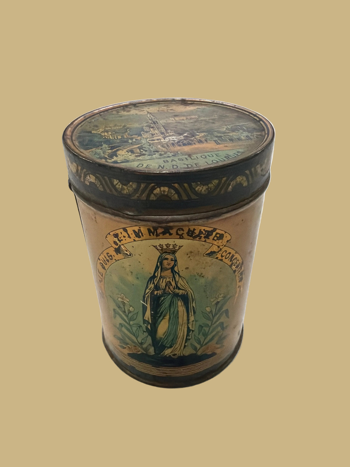 Antique Lourdes Souvenir for Holy Water w/ Glass Insert