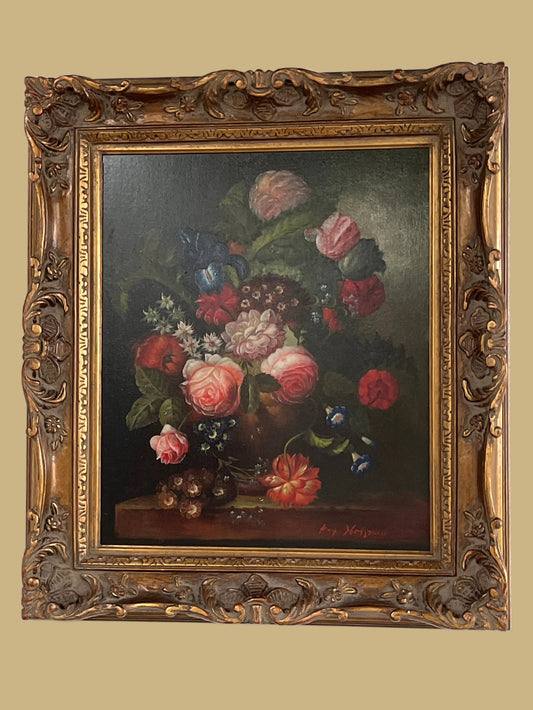 Ornate floral still life oil painting signed Kay Hoffman