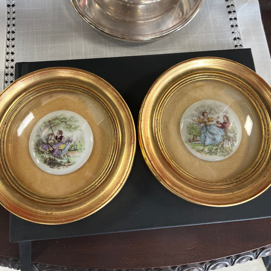 Mid-20th Century Hand-Painted Plaque in Gold Frame, each