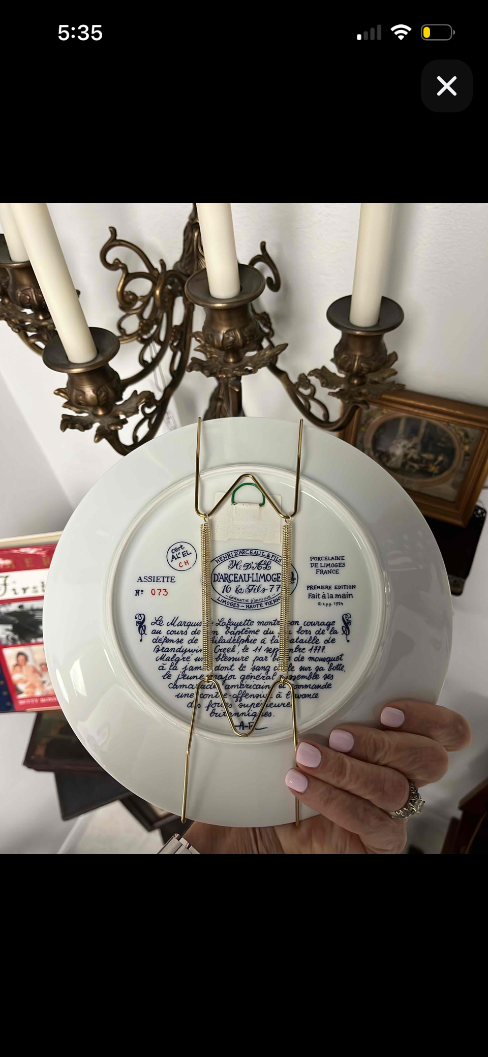 1974 Henri d'Arceau Limoges Lafayette Commemorative Plate