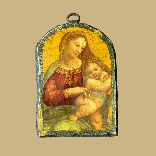 Vintage Italian Florentine Wooden Plaque Raphael's Madonna & Child