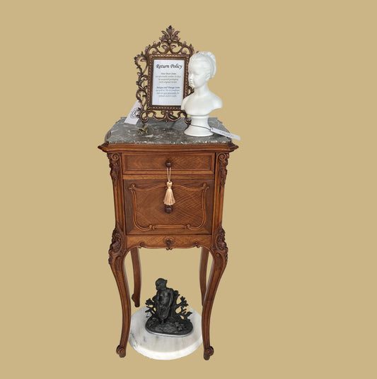 French Louis carved walnut nightstand with marble top (Gray)