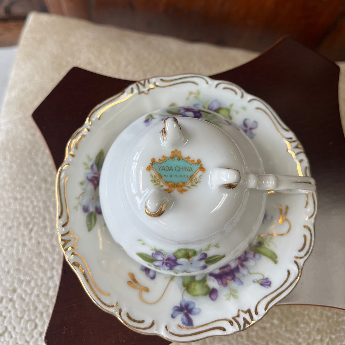 Vintage Yada Japanese Footed Teacup Saucer w/Violet Pattern