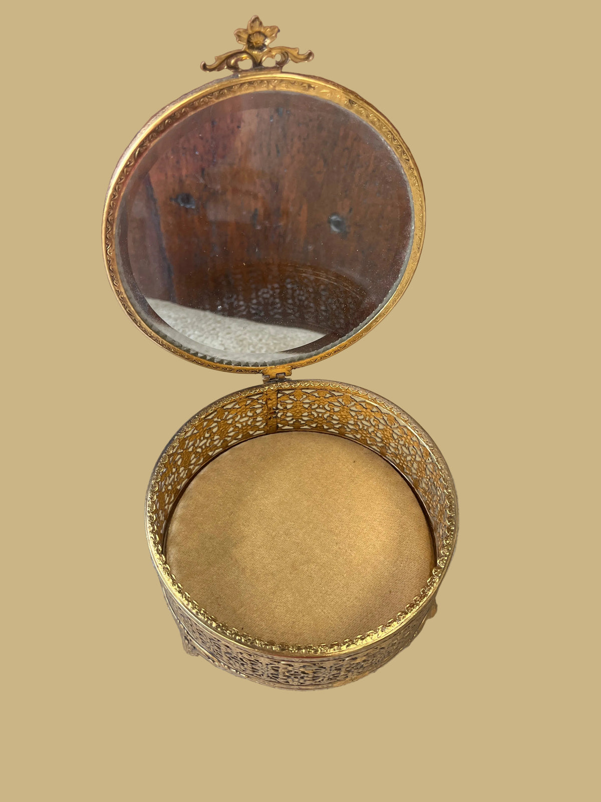Vintage Ormolu Jewelry Box Round Glass Top, large