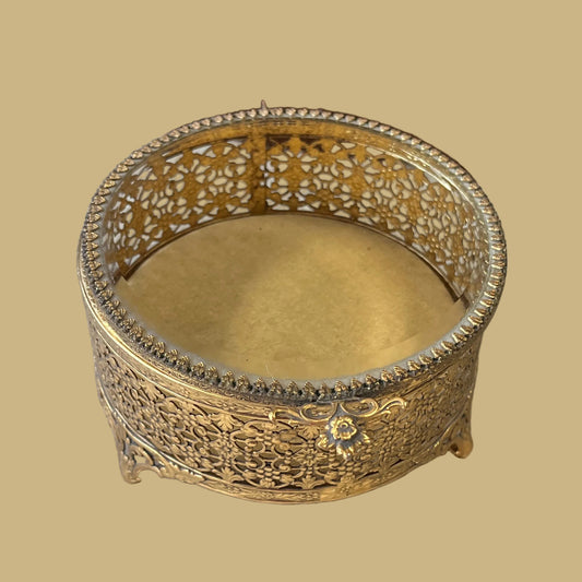 Vintage Ormolu Jewelry Box Round Glass Top, large