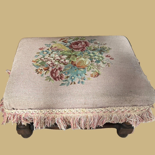 French Provincial Style Needlepoint Floral Tapestry Footstool