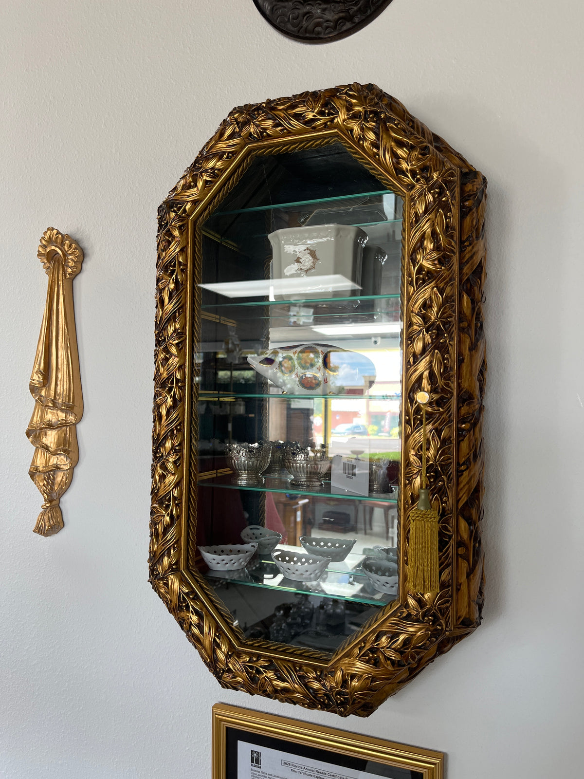 Horchow Ornate gold-toned octagonal wall curio