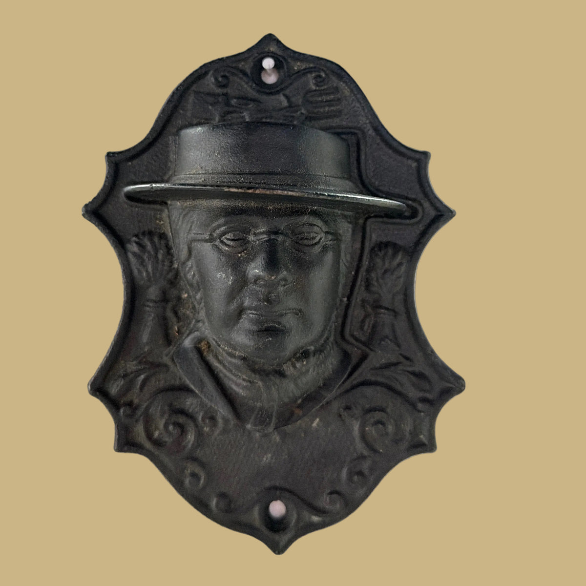 Wall-mounted Cast Iron Match Safe featuring Horace Greeley from the 1872 Presidential Campaign