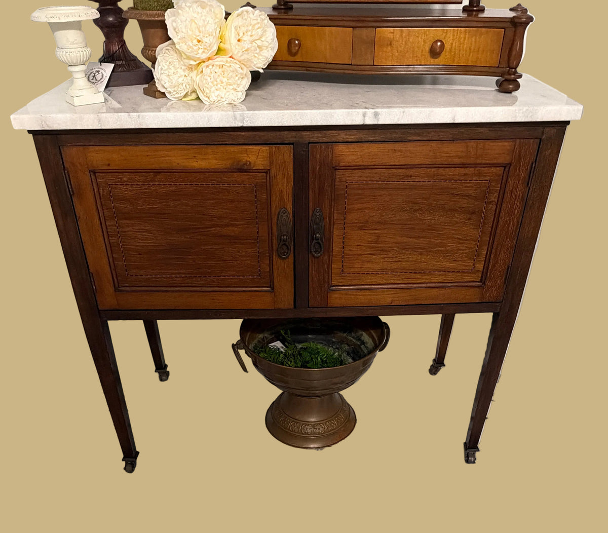 Vintage Wooden Console Table with White Marble Top