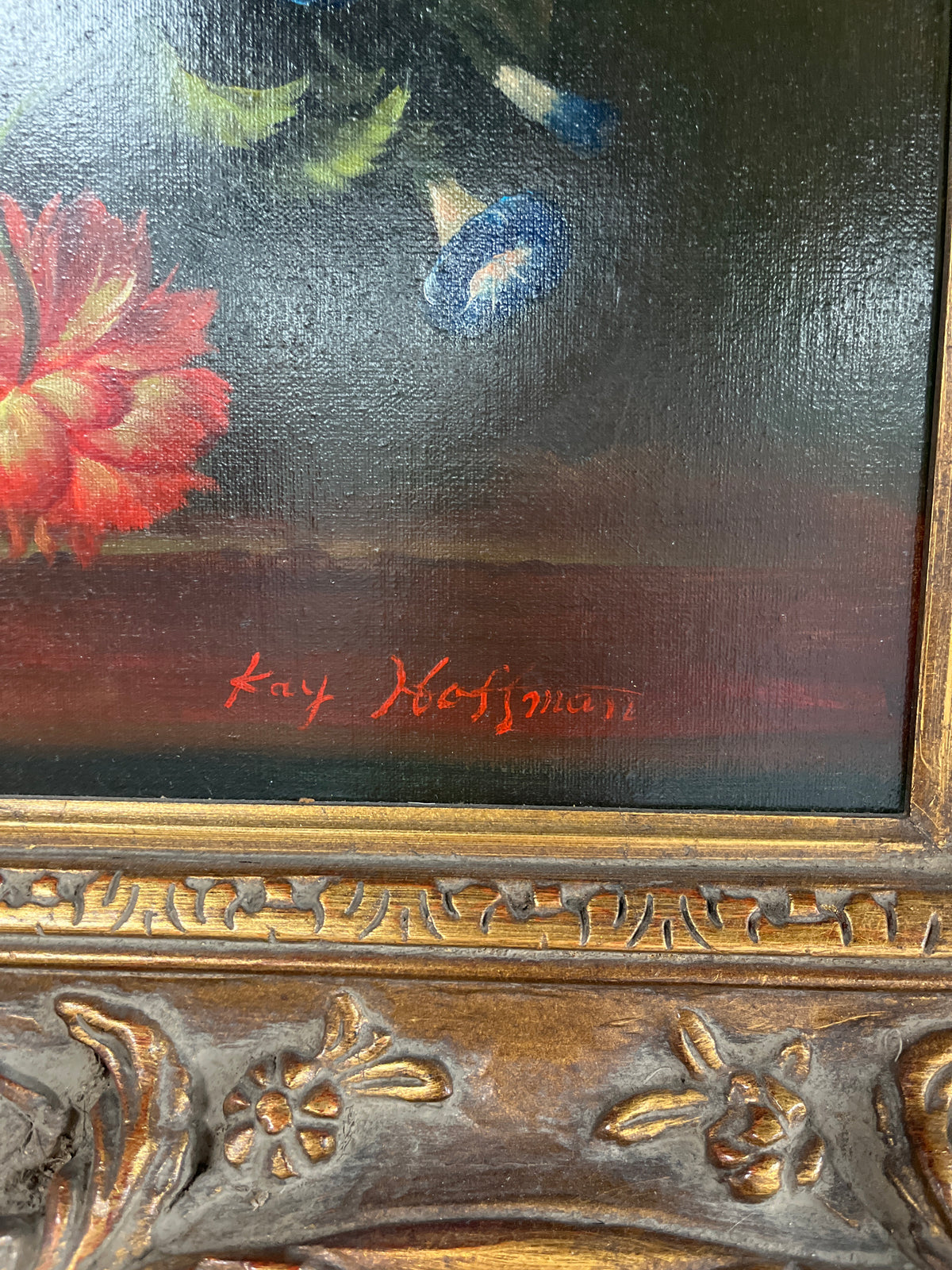 Ornate floral still life oil painting signed Kay Hoffman