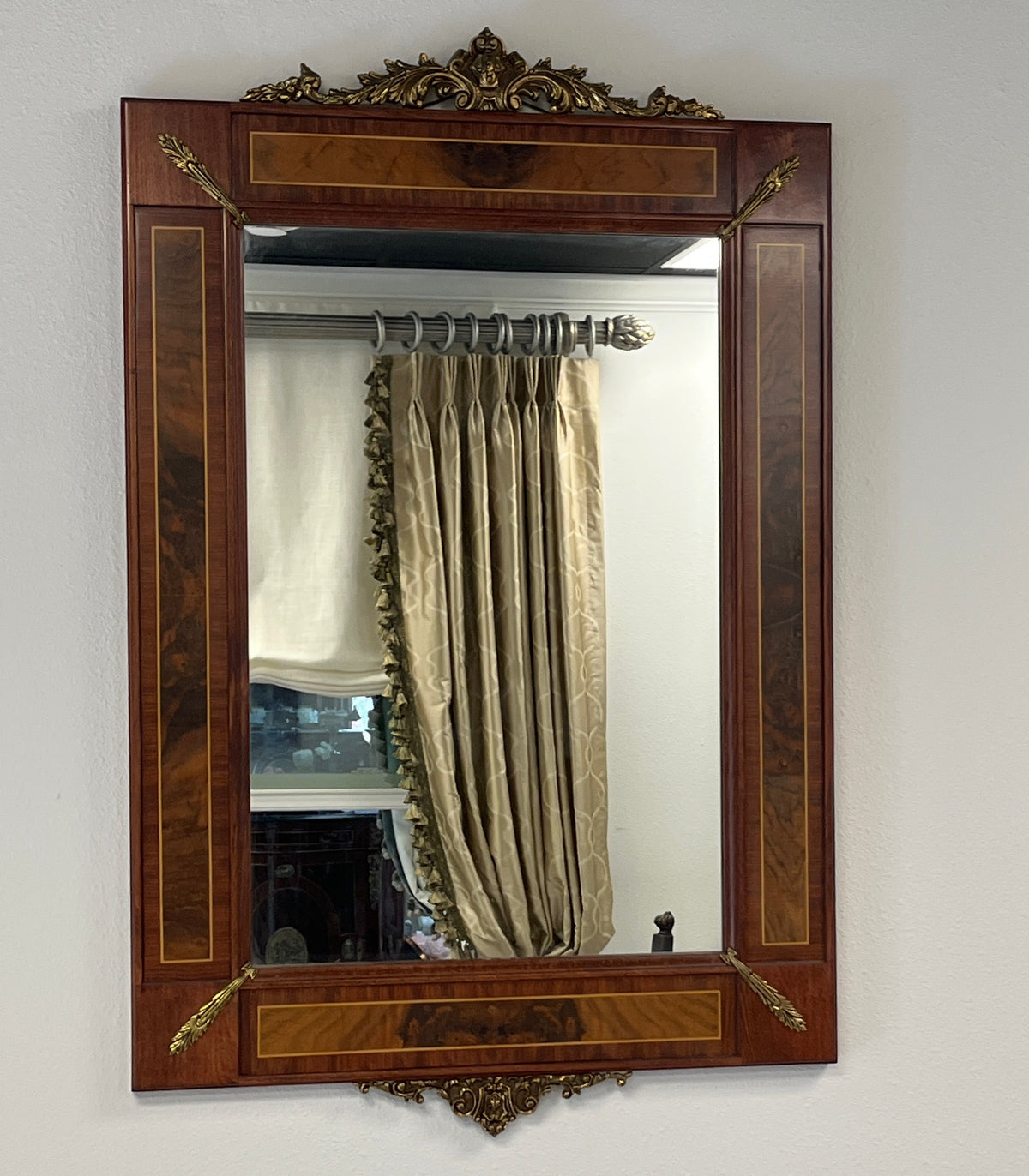 Neoclassical/Empire Style Walnut & Brass Framed Wall Mirror